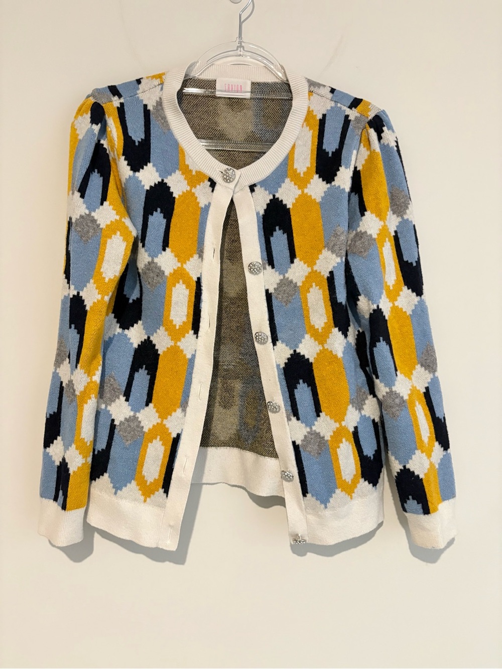 Savida Geometric button front Cardigan yellow blue white medium